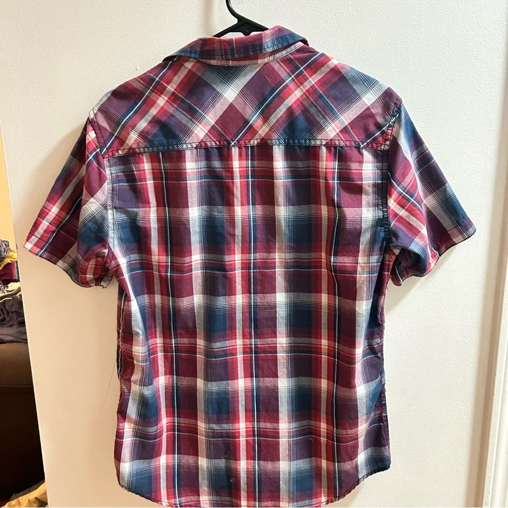 Machine Custom‎ Co Mens Red Navy Blue Plaid Short Sleeve Button Down Shirt Small